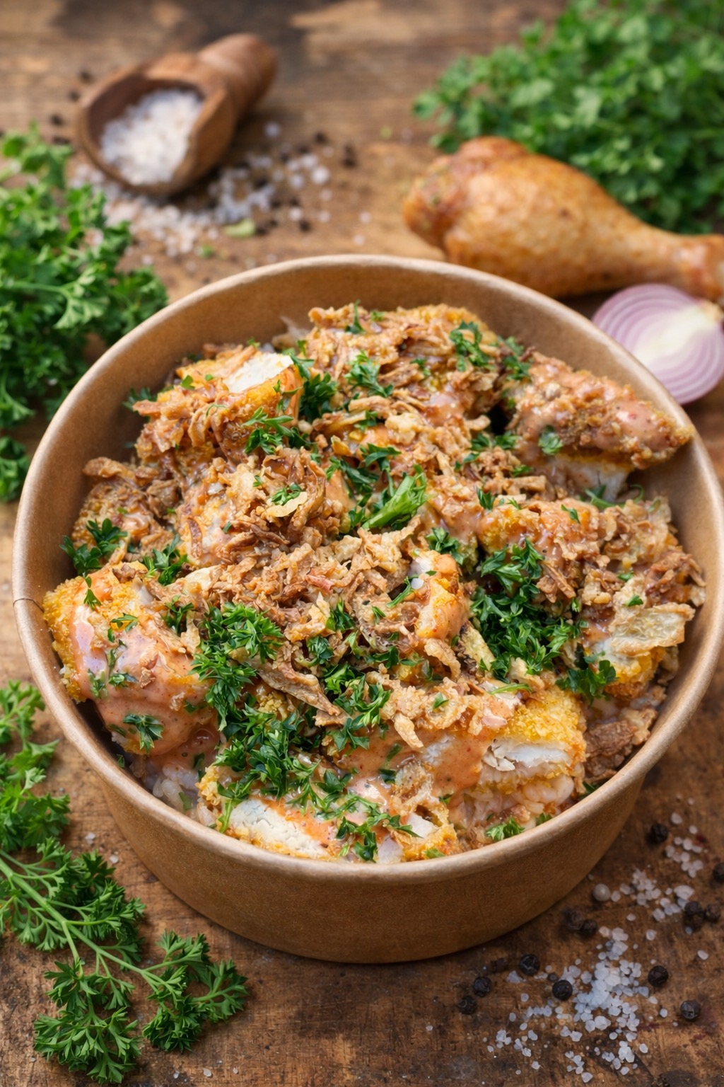Bowl Mie à Mie : poulet pané, oignons frits, persil frais