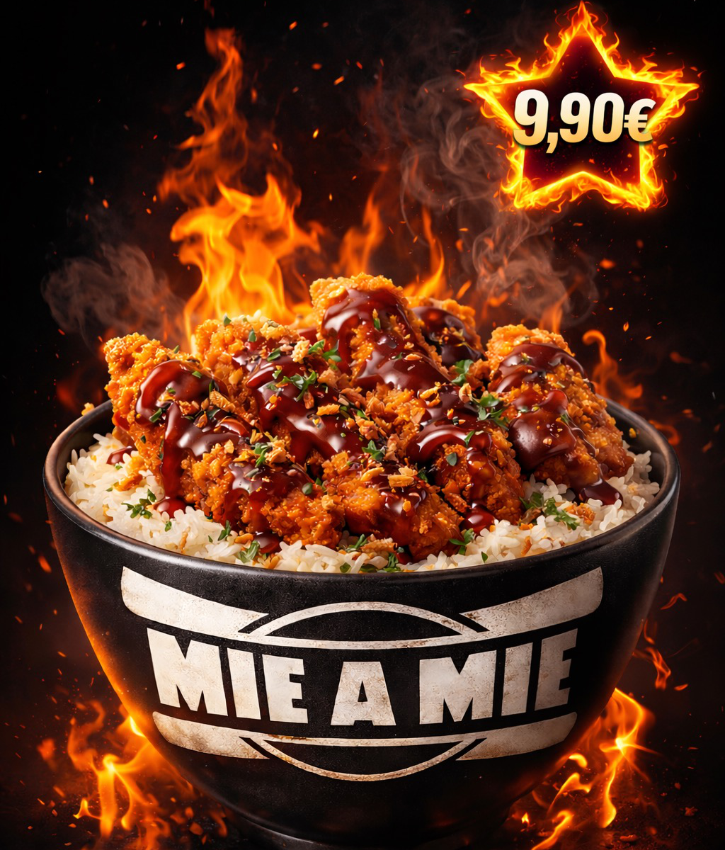 Crousty Bowl, la signature Mie à Mie : poulet pané maison, riz, sauce barbecue, oignons frits